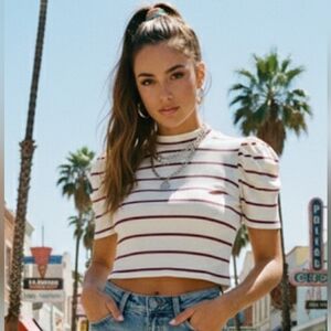 Forever 21 NWT Striped Puff Sleeve Mock Neck Ribbed Knit Top M Nude Berry